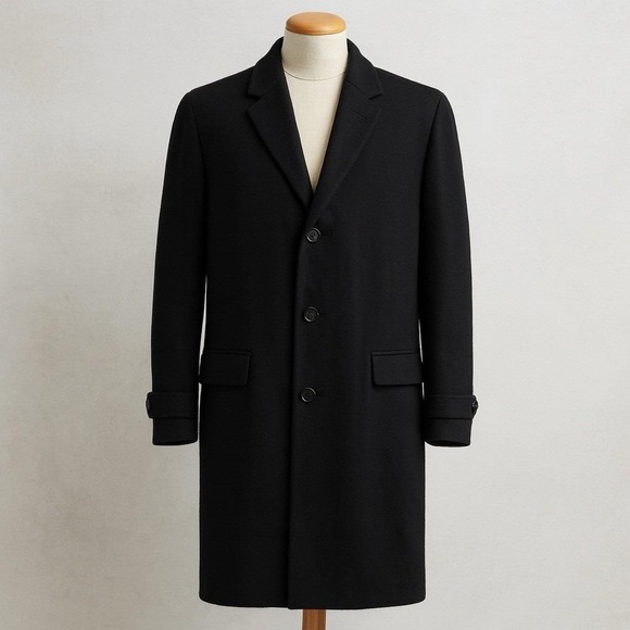 Men's Black Cashmere Blend Trench Coat Single Breasted Classic‎ Overcoat Large